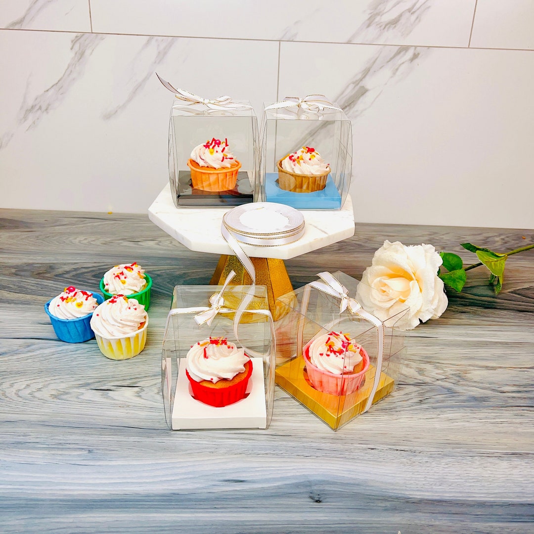 20 Sets Clear Cupcake Boxes With Ribbon for Individual Cupcake
