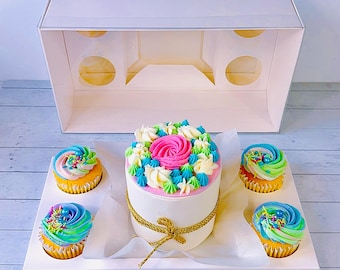 5 Cake and Cupcakes Combo Bento Boxes With Clear Lid and Cupcake Holes, Cake and Cupcake Gift boxes, Treats Bento Box