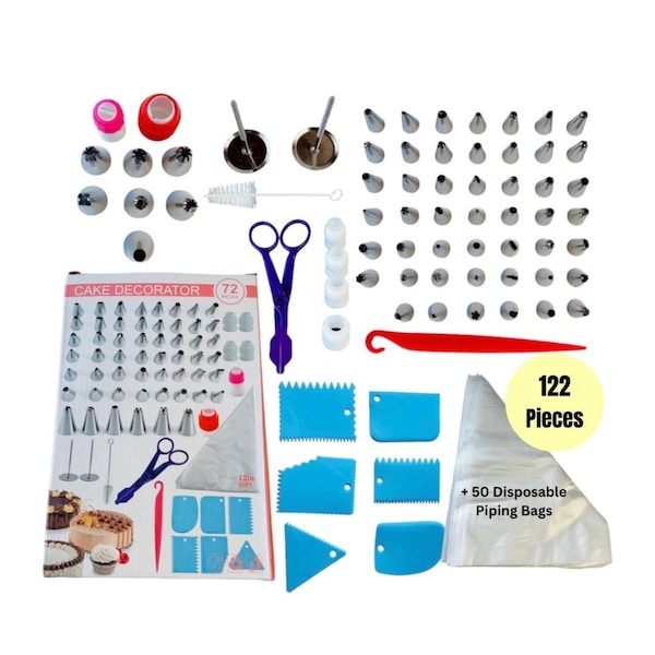 122 Pcs Cake Decorating Kit, 48 Cake Decorating Tips with 50 Disposable Piping bags, 7 Cupcake Piping Tips, 6 Icing Comb Scrapers And More