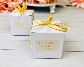 50 Pcs Small Square White Wedding Favor Boxes With Ribbon and Thank You Stickers - Small Candy Chocolate Favor Gift Boxes