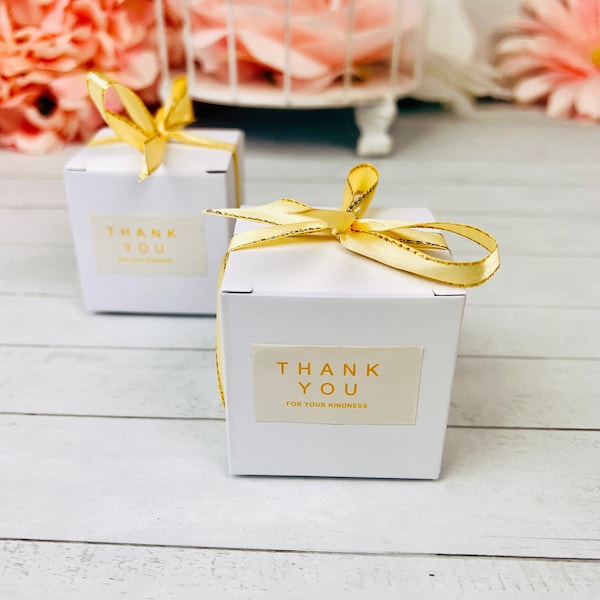 50 Pcs Small Square White Wedding Favor Boxes With Ribbon and Thank You Stickers - Small Candy Chocolate Favor Gift Boxes