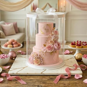 Könnte beinhalten: Ein dreistöckiger rosa Kuchen mit Blumendekorationen und goldenen Akzenten, umhüllt von einer transparenten Vitrine mit weißem Band. Der Kuchen steht auf einer marmorierten Oberfläche, umgeben von Kerzen, Süßigkeiten und Rosenblättern.