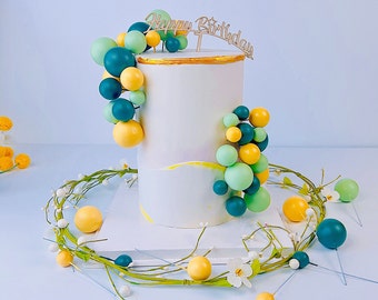 Topper per torta con palline di colore verde giallo verde scuro con decorazioni per torta di buon compleanno in legno - Mini palline colorate in schiuma con inserti per topper per cupcake