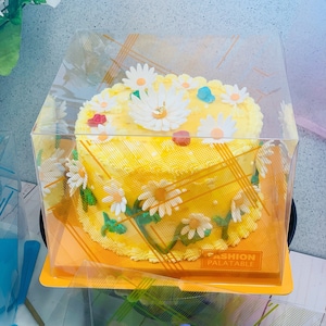 May include: A yellow cake decorated with white daisy flowers and green leaves, presented in a clear plastic box. The cake has yellow frosting and sits on a yellow and orange cardboard base. The box reads "FASHION PALATABLE".