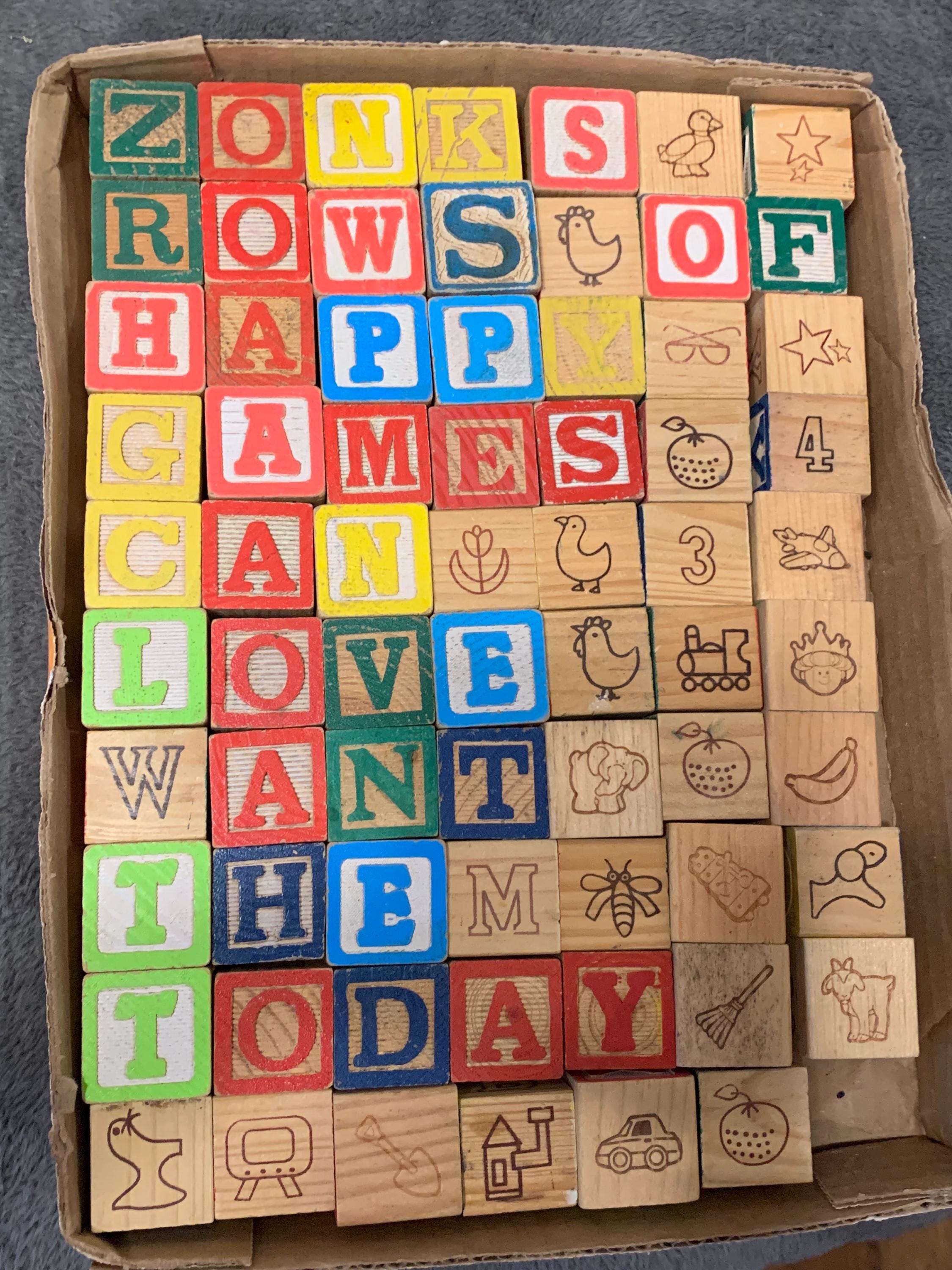 70 Vintage Children's Wooden Alphabet Blocks: Numbers & Pictures