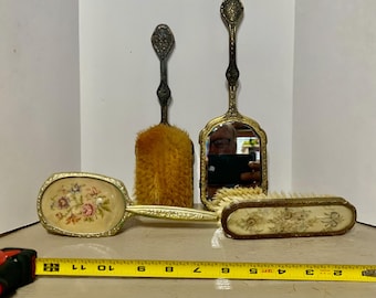 Gorgeous Rose Tapestry Hand held vanity mirror and brush set from an era long past