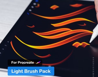 May include: A digital tablet displaying a brush pack for the Procreate app. The screen shows a design of orange and yellow lines on a black background. The text "For Procreate" and "Light Brush Pack" is displayed on the screen.