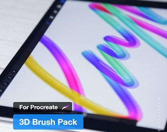 May include: A digital tablet displaying a colorful 3D brush pack for Procreate. The brush pack features vibrant, multi-colored lines and swirls.