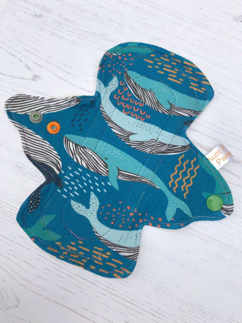 Organic Cloth Period Pad with Blue Whales Print Sea Themed Cloth Pad Blue Period Pad Washable Reusable Fabric Pad Zero Waste Period