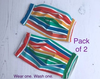 Pack of 2 Protective Face Masks in Rainbow fabric/ Reusable Organic Cotton Face Mask/ Washable Double layer face mask / Striped Face Mask