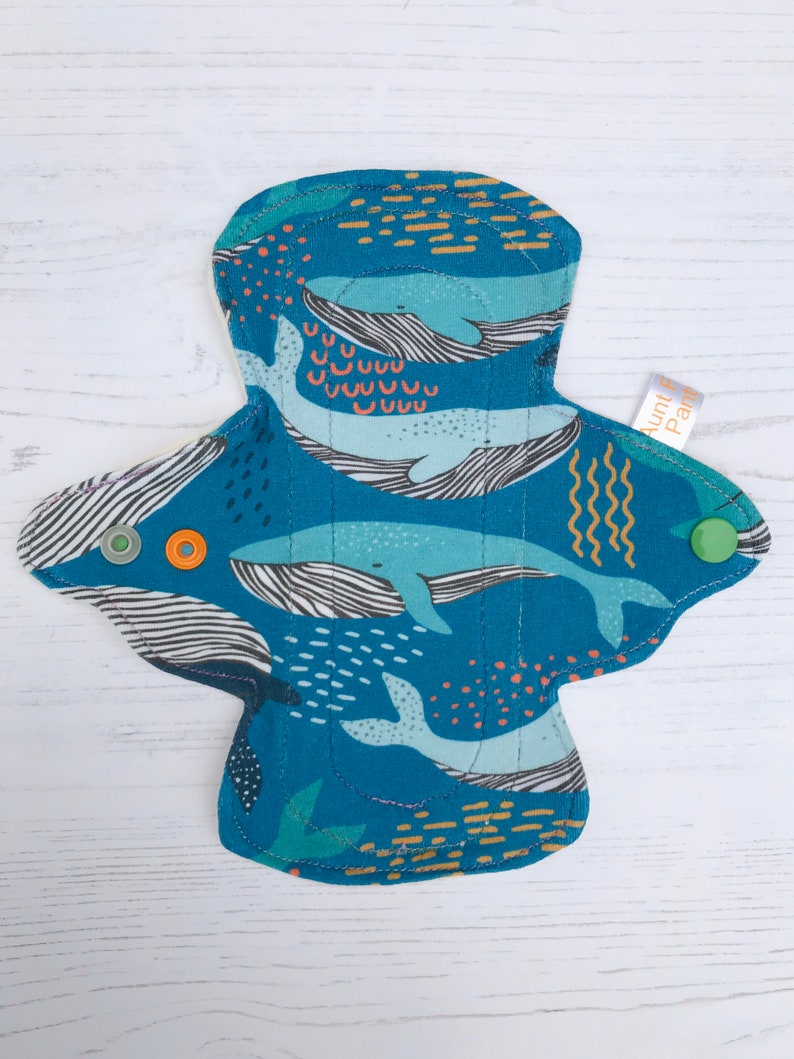 Organic Cloth Period Pad with Blue Whales Print Sea Themed Cloth Pad Blue Period Pad Washable Reusable Fabric Pad Zero Waste Period