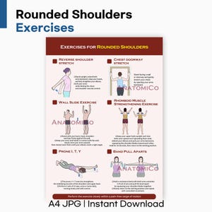 May include: A poster with exercises for rounded shoulders. The poster includes illustrations and instructions for stretches and exercises like reverse shoulder stretch, chest doorway stretch, and wall slide exercise. Text includes "A4 JPG | Instant Download."