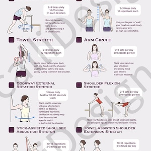 May include: A colorful infographic with illustrations of people performing exercises for frozen shoulder. The exercises include Pendulum Exercise, Towel Stretch, Doorway External Rotation Stretch, Stick-Assisted Shoulder Abduction Stretch, Wall Climbing, Arm Circle, Shoulder Flexion Stretch, and Towel-Assisted Shoulder Extension Stretch. The infographic includes instructions for each exercise, including the frequency, duration, and repetitions.
