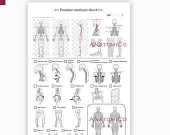 May include: A white posture analysis sheet featuring black line drawings of human skeletal structures and anatomical diagrams. The document includes text labels for various conditions like forward head, lumbar lordosis, and flat arch, with checkboxes for clinical assessment.