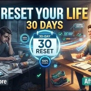 Peut inclure: Un graphique divisé en deux intitulé RESET YOUR LIFE 30 DAYS. La partie gauche montre une personne stressée à un bureau encombré avec l'étiquette Before. La partie droite montre une personne souriante à un bureau rangé avec l'étiquette After, un calendrier 30-DAY 30 RESET, un haltère, des baskets et le logo PROVEN FRAMEWORK.