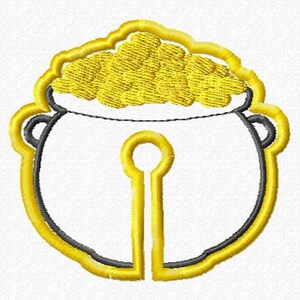 May include: A yellow and black embroidered pot filled with gold coins. The pot has a handle on each side and a spout on the front.