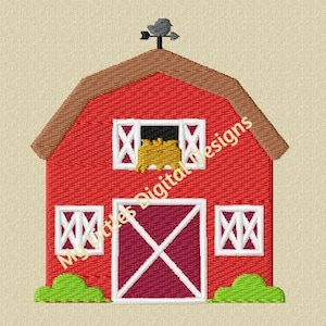 May include: Red barn with a white weathervane on top, two white windows, a red door with a white X, and green grass at the bottom. The text "My Little Digital Designs" is on the barn.