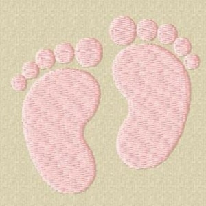 May include: Two pink baby footprints, a common symbol for new life and the arrival of a baby.