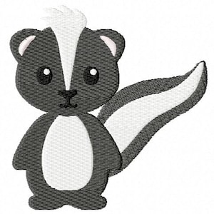 Könnte beinhalten: Ein schwarz-weißes Cartoon-Stinktier mit einem weißen Streifen auf dem Rücken und einem weißen Bauch. Es hat große, runde Augen und eine kleine, rosafarbene Nase.