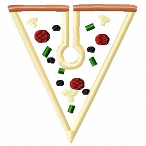 May include: A slice of pizza with pepperoni, olives, green peppers, and cheese. The pizza is in the shape of a triangle and has a brown crust.