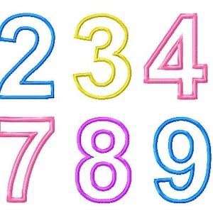 May include: Outlined numbers 1 through 0 in different colors. The numbers are blue, light blue, yellow, pink, purple, yellow, pink, purple, blue, and blue.