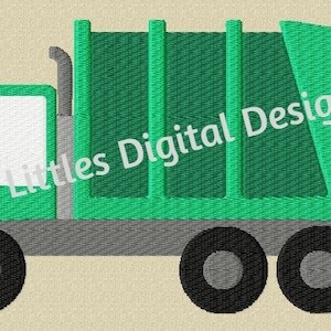 May include: Green refuse truck with a white cab and four wheels. The truck has a large, green bin at the back.