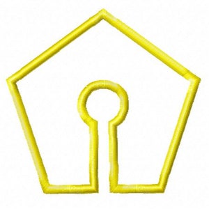 May include: A yellow outline of a pentagon with a keyhole shape in the center.