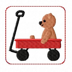 May include: A red wagon with black wheels and a brown teddy bear sitting inside. The wagon has a black handle.