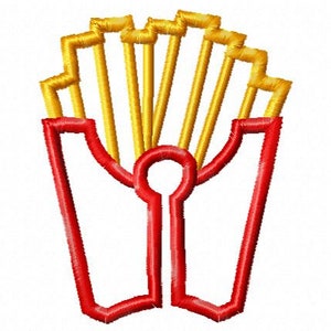 May include: An embroidered patch of a red and yellow french fry. The french fry is in a red container.