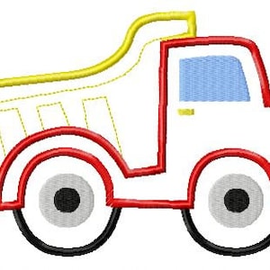 May include: A red toy dump truck with a yellow bed, black wheels, and a blue window. The truck has a simple cartoon design.