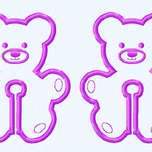 Może przedstawiać: Dwa fioletowe kontury kształtów misiów na białym tle. Misie są zwrócone do siebie i mają prosty wzór.