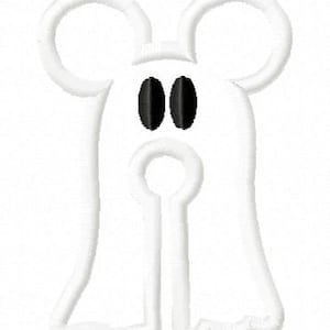 May include: White ghost with black eyes and Mickey Mouse ears. Halloween themed embroidery design.