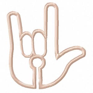 May include: A light tan embroidered hand gesture, with the thumb and pinky extended, and the index and pinky fingers extended. The design is on a white background. The hand gesture is a symbol of rock and roll.
