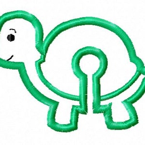 May include: A green outline of a cartoon turtle with a simple face. The turtle is facing the right side of the image.