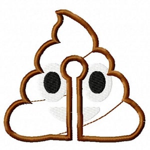 May include: Brown outline of a poop emoji with a smiling face and two eyes. The emoji is filled in with white.