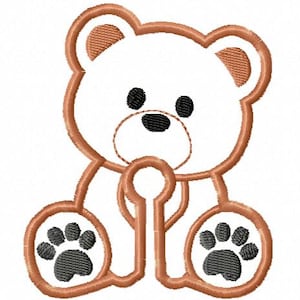 May include: Embroidered design of a teddy bear with a white body and brown outline. The bear has black eyes, nose, and paw prints. The design is suitable for baby items, children's clothing, or nursery decor.