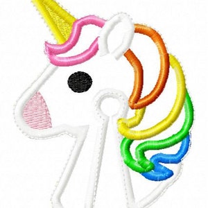 May include: A white unicorn head with a rainbow mane. The unicorn has a pink nose, a black eye, and a yellow horn.