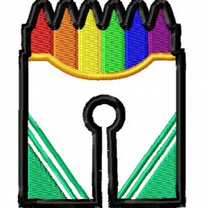 May include: Embroidered patch featuring a rainbow of colors representing a set of crayons. The design includes a black outline, a white background, and green accents. The top of the design has a jagged edge.