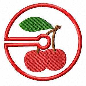 May include: A red circle with a double red line across the center. Inside the circle is a green leaf and two red cherries with brown stems.