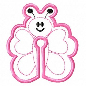 May include: A pink butterfly with a white body and black eyes. The butterfly has a simple smiling face.