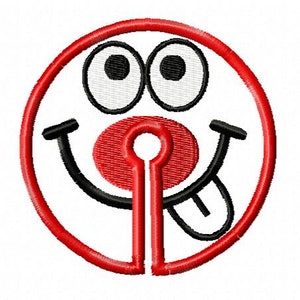May include: A red and black cartoon smiley face with a big red mouth and a tongue sticking out. The eyes are white with black pupils.