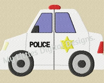May include: White toy police car with a red light on top, black wheels, and the word "POLICE" printed on the side. A yellow star is on the side of the car.