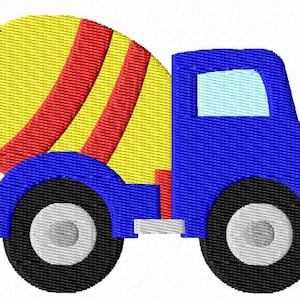 May include: A blue toy cement mixer truck with yellow and red stripes on the drum. The truck has four wheels and a small window in the cab.