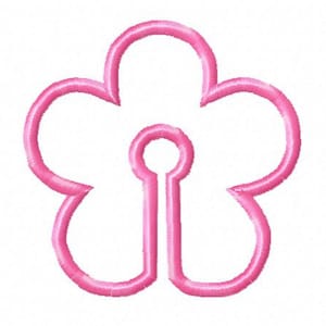 以下が含まれることがあります： ピンク色の刺繍の花のデザイン。鍵穴型の中心部があり、丸みを帯びた5枚の花びらを持つ。白い背景に配置され、刺繍は質感のある外観です。
