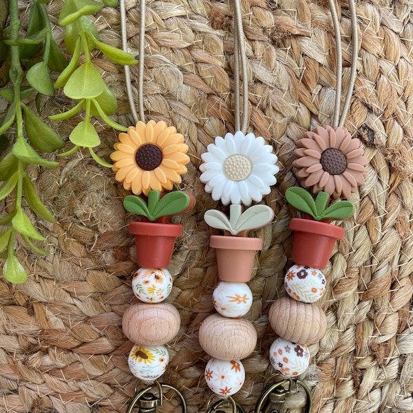 Boho Flower Pot Lanyard: Daisy Sunflower Silicone Bead Breakaway Lanyard