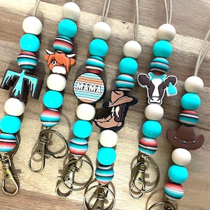 Western, cowgirl, farm cow, boots theme classroom silicone beaded stretchy breakaway lanyard keys, badge, ID, student teacher, counselor!