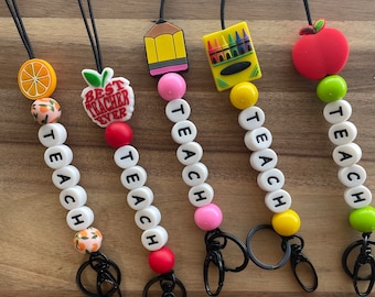 Silicone Beaded Teacher Lanyard: Apple, Pencil, Crayon Design