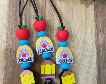 Teacher appreciation! Apple, pencil, rainbow primary colors stretchy breakaway silicone beaded teacher lanyard for keys, badge, ID, card key