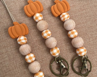 Country Pumpkin stretchy fall autumn gingham teacher lanyard, classroom theme, school psychologist, counselor, for keys and badge!