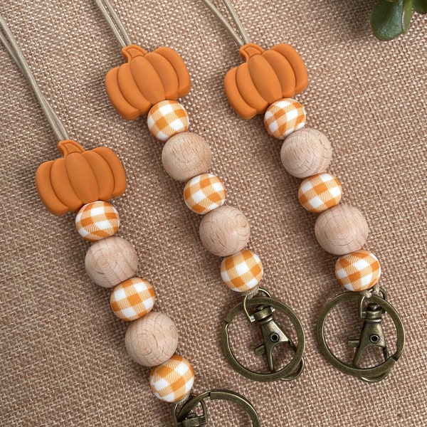 Country Pumpkin stretchy fall autumn gingham teacher lanyard, classroom theme, school psychologist, counselor, for keys and badge!
